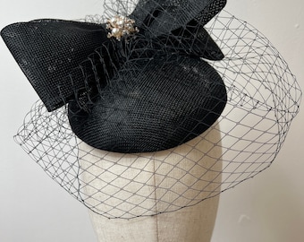 Black Round Sinamay Fascinator with Bow and birdcage veil Wedding Races KittyMay.online