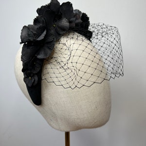 Black Velvet Headband: Hydrangea & Birdcage Veil Fascinator