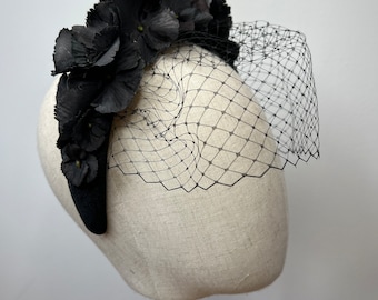 Black Velvet Headband: Hydrangea & Birdcage Veil Fascinator