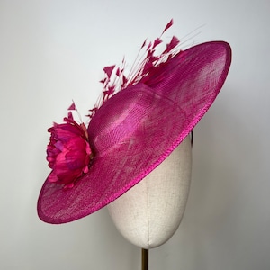 Cerise Pink Sinamay Fascinator, Feathers & Peony, Statement Fascinator, Wedding Fascinator, Races Fascinator, KittyMay.online