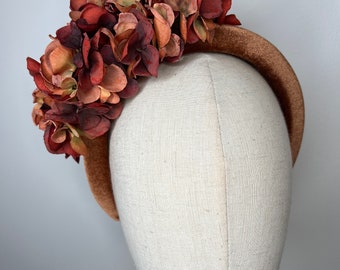 Beautiful Brown Velvet Headband, Rust Hydrangea Petals Wedding Races KittyMay.online