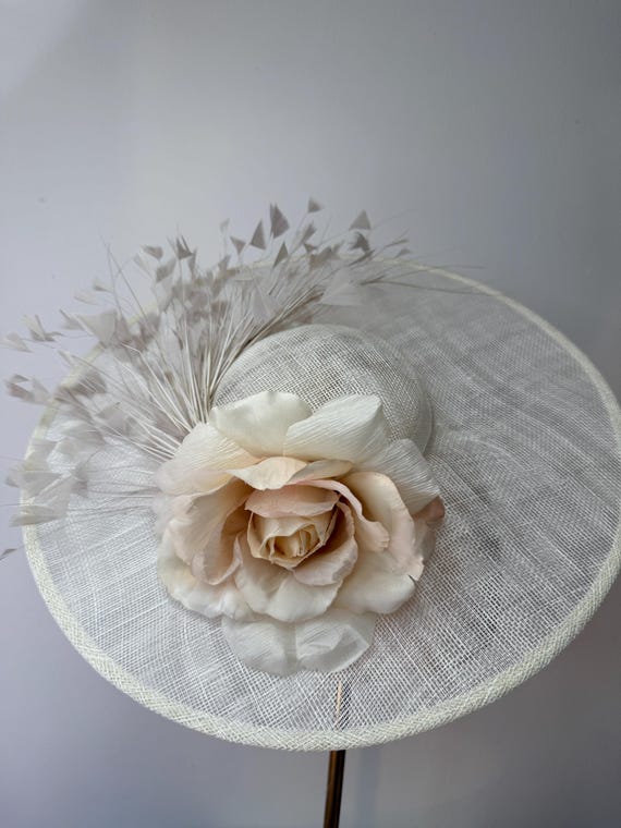 Ivory Sinamay Fascinator: Beige Feather & Rose Wedding  display picture 2