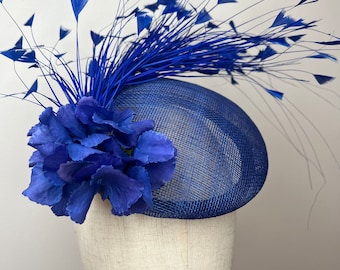 Feather & Hydrangea Royal Blue Sinamay Fascinator, Statement Fascinator, Wedding Fascinator, Races Fascinator, KittyMay.online