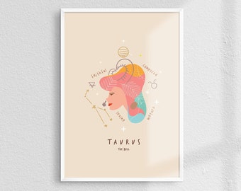 Taurus Zodiac Sign Art Print, Feminine Illustration (Digital Download)