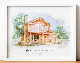 Custom House Portrait, Stylish Watercolor Painting (Digital Print)