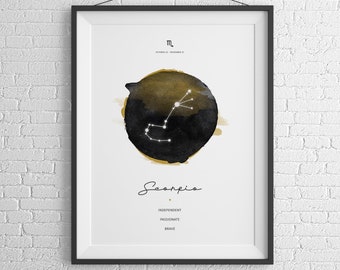 Scorpio Constellation Watercolor Art Print, Minimalist Zodiac Poster (Digital Download)