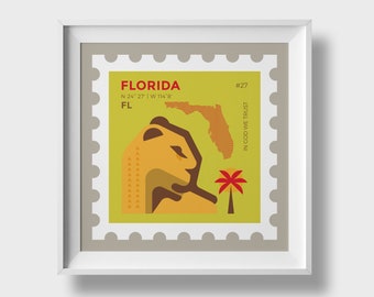 Florida Map Print, Florida Panther, State Road Map Art, Florida US Map Art Poster, Modern Wall Art, Home Office Decor, Florida Art Print