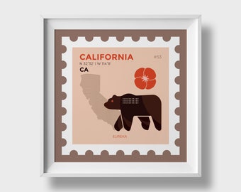 California Map Print, Grizzly Bear, California Poppy, California US Map Art Poster, Modern Wall Art, Home Office Decor, Printable Art, Wall