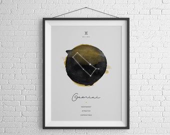Lámina artística de acuarela del signo zodiacal Géminis, póster de la constelación (descarga digital)