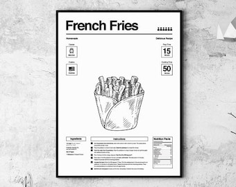 Lámina artística con receta de patatas fritas caseras, decoración de pared para la cocina (descarga digital)