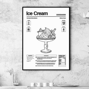 Homemade Ice Cream 3 Color Print Art, Easy Cooking Recipe, Cooking Class, Wall Art, Wall Decor, Dining Room, Cooking Recipe Poster