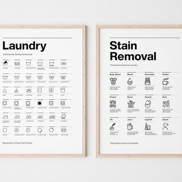 LR11/Laundry room poster, Two pieces print set, Stain removal sign, Complete symbols and instruction