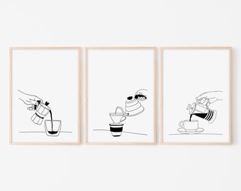 May include: Three black and white line drawings of different coffee brewing methods. The first shows a person pouring coffee from a moka pot into a glass. The second shows a person pouring coffee from a pour-over coffee maker into a ceramic cup. The third shows a person pouring coffee from a French press into a ceramic cup.