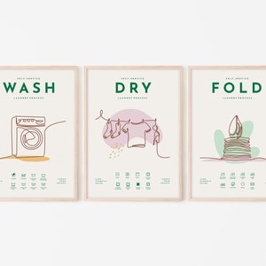 LR07/Wash-Dry-Fold, Laundry room poster, Three pieces print set, Single line art, Boho color