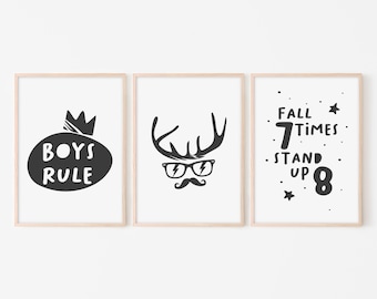 KP06/Boys Rule, Three pieces print set, Kids wall art, Nursery prints, Bedroom decor for kids