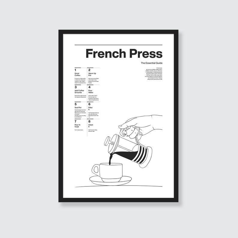 May include: A black and white line drawing illustration of a French press coffee maker pouring coffee into a cup. The illustration includes a numbered guide with instructions for making coffee using a French press.