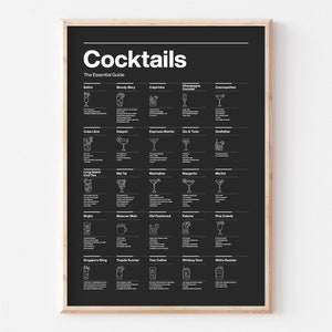 CP03/Classic Cocktails, Guide Print, 25 Cocktails zur Verfügung gestellt, Schwarzer Hintergrund, Line Art, Minimalist style