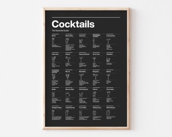CP03/Classic cocktails, Guide print,  25 cocktails provided, Black background, Line art, Minimalist style