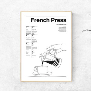 May include: A black and white line drawing illustration of a French press coffee maker pouring coffee into a cup. The illustration is accompanied by a numbered list of instructions for making coffee with a French press. The text reads "French Press The Essential Guide".
