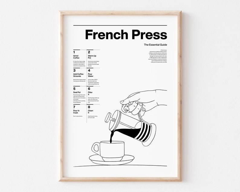 May include: A black and white line drawing illustration of a French press coffee maker pouring coffee into a cup. The illustration includes a step-by-step guide for making French press coffee. The text includes the words "French Press" and "The Essential Guide".