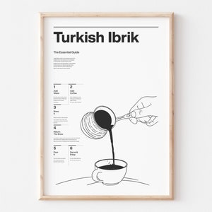 Pode incluir: Uma ilustração em preto e branco de um bule de café turco, ou Ibrik, a despejar café numa chávena pequena. A ilustração está sobre um fundo branco com um título em preto que diz "Turkish Ibrik" e "The Essential Guide".