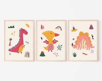 KP07/Dinosaurs, Three pieces print set, Kids wall art, Nursery prints, Bedroom decor for kids