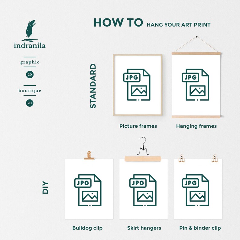 May include: A graphic showing different ways to hang an art print. The first row shows a picture frame and a hanging frame. The second row shows a bulldog clip, skirt hangers, and a pin and binder clip.