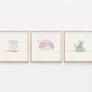 LR13/Wash-Dry-Fold, Laundry room poster, Three pieces print set, Single line art, Boho color, Square size