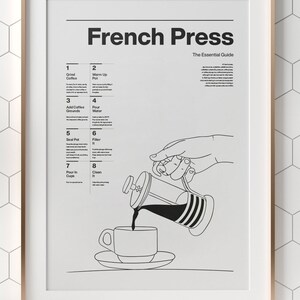 May include: A black and white line drawing illustration of a French press coffee maker with a hand pouring coffee into a cup. The illustration is accompanied by a numbered list of instructions for making French press coffee. The text reads "French Press The Essential Guide".