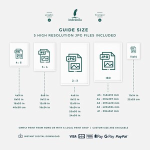 Puede incluir: Gu&iacute;a de tama&ntilde;os de impresi&oacute;n para descargas digitales. Se incluyen cinco archivos JPG de alta resoluci&oacute;n. Los tama&ntilde;os son 4x5, 3x4, 2x3, ISO y 11x14. Los tama&ntilde;os se indican en pulgadas y cent&iacute;metros. El texto "Simplemente imprima desde casa o en una imprenta local. Los tama&ntilde;os personalizados est&aacute;n disponibles." est&aacute; en la parte inferior de la imagen.