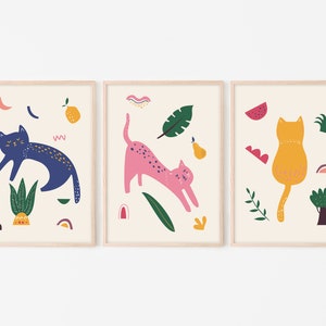 KP05/Cat pose, Three pieces print set, Kids wall art, Nursery prints, Bedroom decor for kids