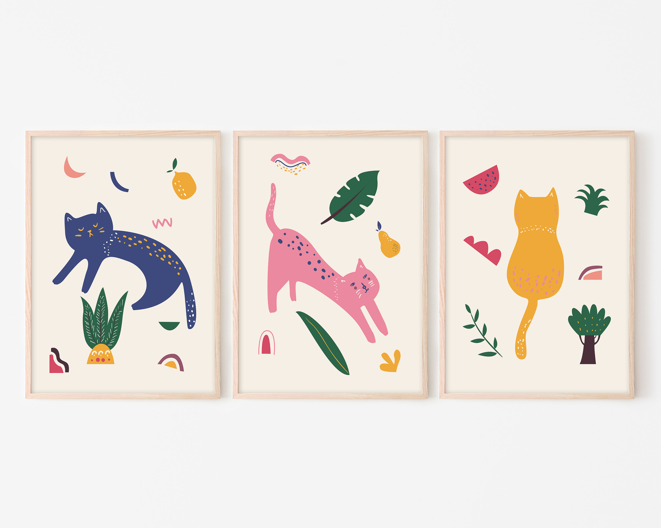 KP05/Cat pose, Three pieces print set, Kids wall art, Nursery prints, Bedroom decor for kids