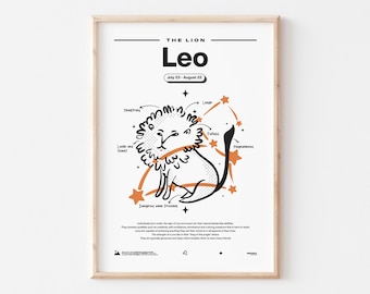 ZP/04 Leo, Zodiac Sign, Definition, Explained, Traits, Hand Drawn, Minimalist, Astrology, Leo Print, Zodiac Poster, Constellation