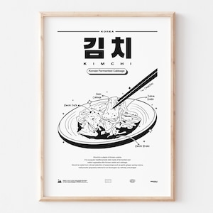 KD02/Kimchi, repolho fermentado coreano, definição, ingredientes, desenhado à mão, minimalista, comida ao redor do mundo, impressão de alimentos, pôster Kimchi