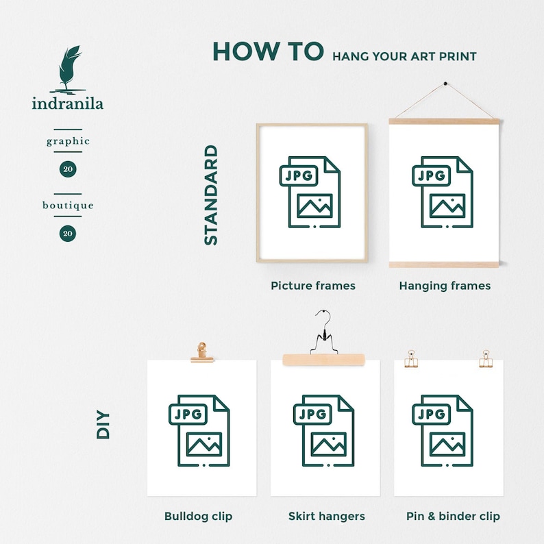 May include: An instructional graphic from indranila graphic boutique, showing how to hang art prints. It features examples using picture frames, hanging frames, bulldog clips, skirt hangers, and pin & binder clips. The text includes "HOW TO HANG YOUR ART PRINT".