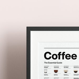 May include: A black framed poster with the title "Coffee: The Essential Guide". The poster features illustrations of different coffee drinks, including Affogato, Americano, Flat White, and Cafe Con Leche.