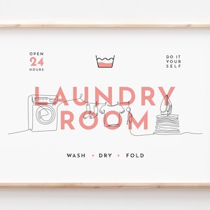 LR10/Wash-Dry-Fold, Horizontal, Laundry room sign, Single line art, Pink pastel color