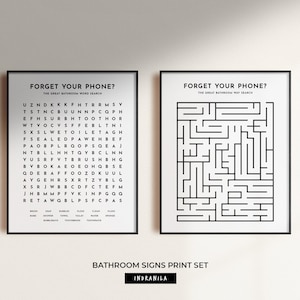 BR01/Bathroom wall art, Two pieces print set, Forget your phone, Word search, puzzle game