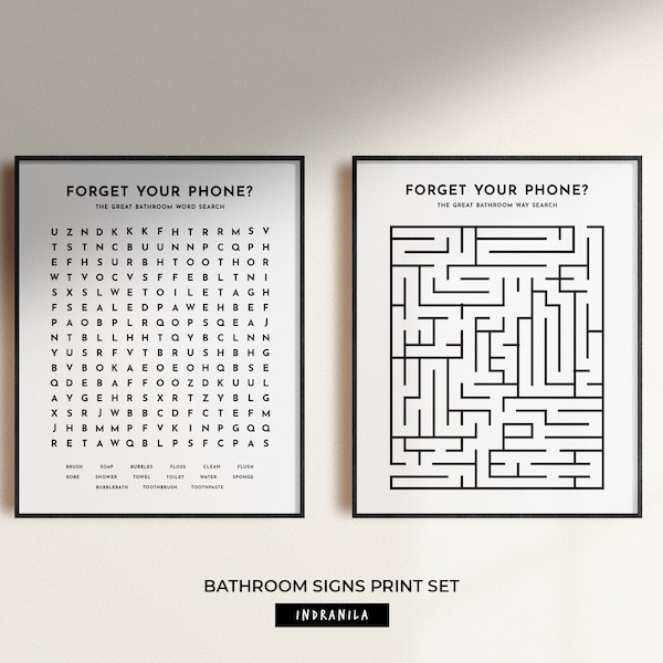 BR01 / Badezimmer Wandkunst, Zwei Stück Druck Set, Forget your phone, Wortsuche, Puzzlespiel