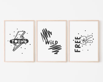 KP01/Young Wild Free, Three pieces print set, Kids wall art, Nursery prints, Bedroom decor for kids