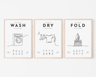 LR05/Wash-Dry-Fold, Laundry room poster, Three pieces print set, Single line art, Minimalist style, White background