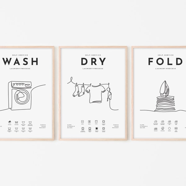 LR05/Wash-Dry-Fold, Laundry room poster, Three pieces print set, Single line art, Minimalist style, White background