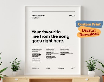 Aangepaste songtekstprint, minimalistische muziekposter (digitale download)