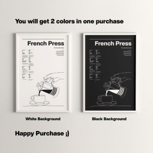 May include: Two framed prints of a French press coffee maker with instructions on how to make coffee. The print on the left has a white background and the print on the right has a black background.