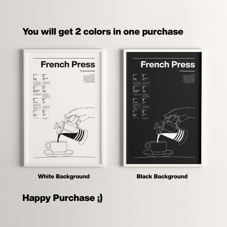 May include: Two framed prints of a French press coffee maker with instructions on how to make coffee. The print on the left has a white background and the print on the right has a black background.