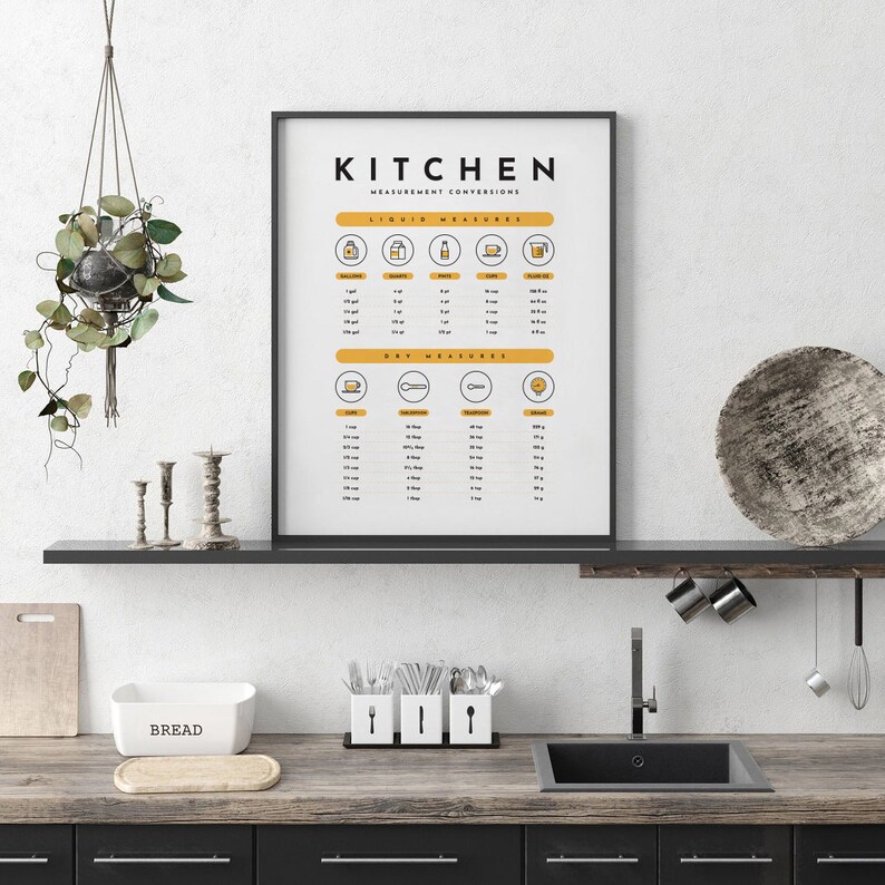Puede incluir: Un p&oacute;ster enmarcado en negro con la palabra "Cocina" en letras amarillas en negrita. El p&oacute;ster incluye una tabla con conversiones de medidas para ingredientes l&iacute;quidos y secos. El p&oacute;ster est&aacute; colgado en una pared sobre una encimera de cocina.
