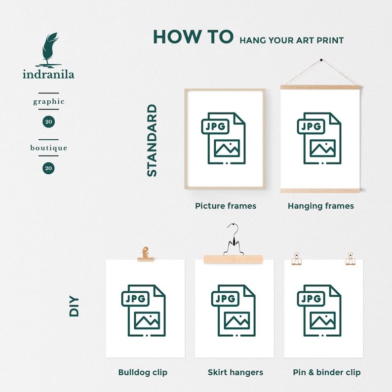 May include: A graphic showing different ways to hang an art print. The first row shows a picture frame and a hanging frame. The second row shows a bulldog clip, skirt hangers, and a pin and binder clip.