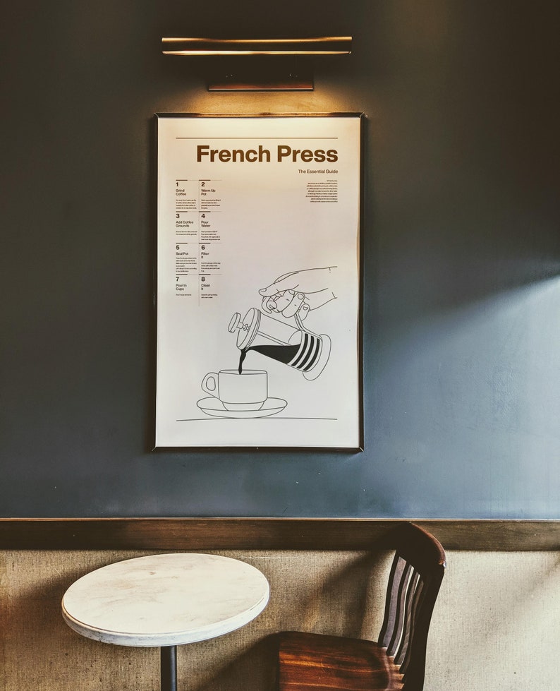 May include: A black and white illustration of a French press coffee maker pouring coffee into a cup. The illustration is on a white poster with the text "French Press The Essential Guide" and numbered steps for making coffee.