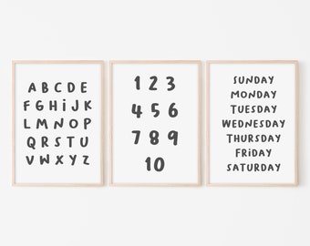 KP03/Alphabet Numbers Days, Three pieces print set, Kids wall art, Nursery prints, Bedroom decor for kids