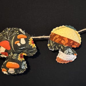 Mushroom Garland, Autumn CottageCore Banner, Patchwork Sunflower Bunting